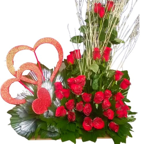 Charismatic Arrangement of Red Roses with Triple Heart
