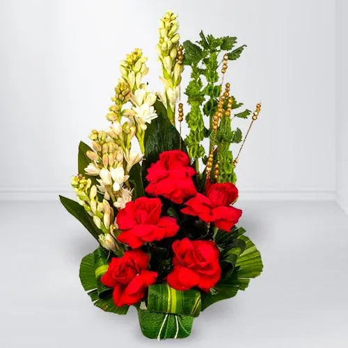 Blushing Arrangement of Red Roses n White Tube Roses