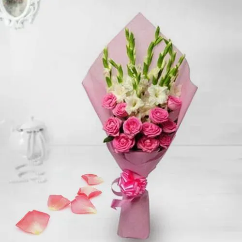 Send Pink Roses n White Gladiolus Bouquet