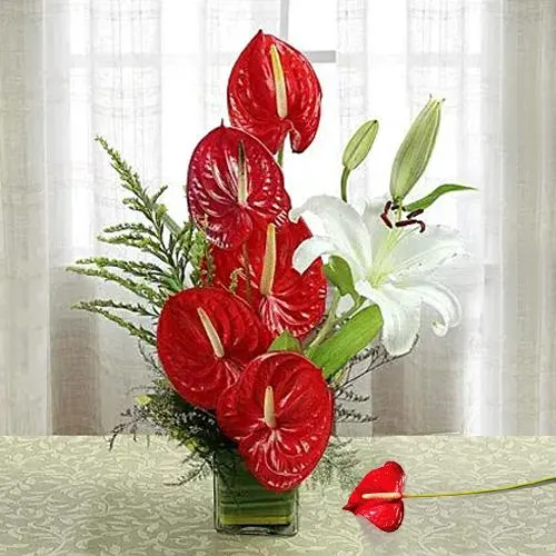 Exotic Anthurium n Lilies in a Glass Vase