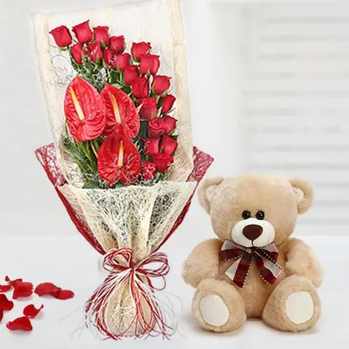 Marvelous Bouquet of Red Roses n Anthurium with Teddy