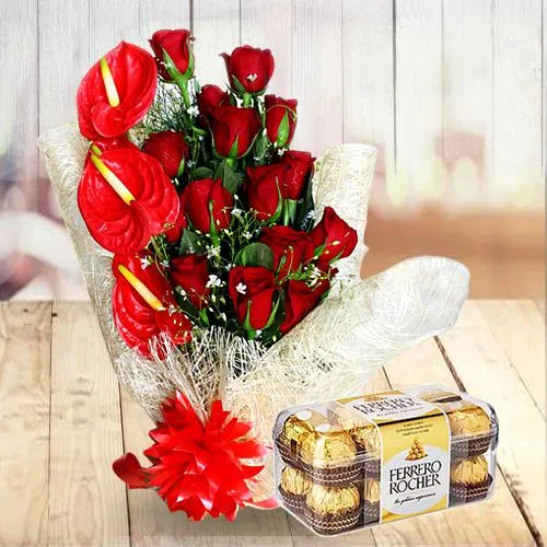 Gift Red Flowers Bunch with Ferrero Rocher Online