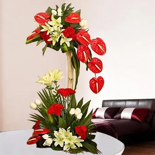 Online Tall Arrangement of White N Red Flowers