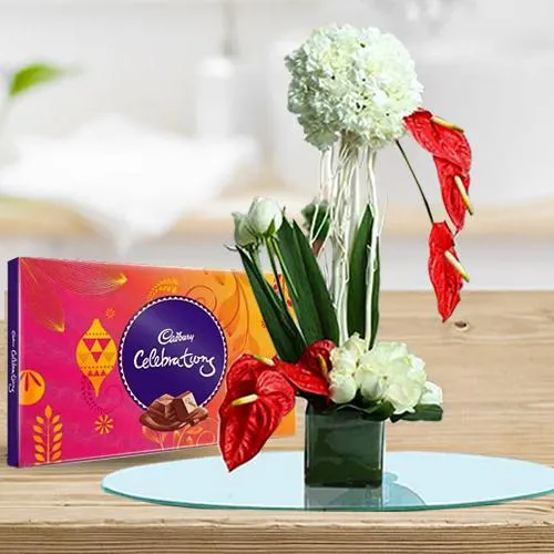 Beautiful Flowers Arrangement in Glass Vase with Cadbury Celebration