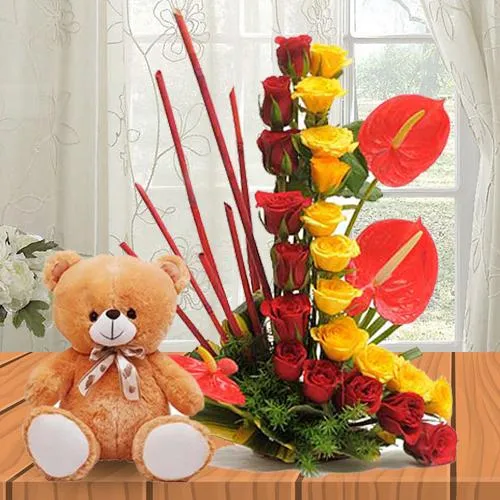 Order Roses N Anthurium Arrangement with a Soft Teddy