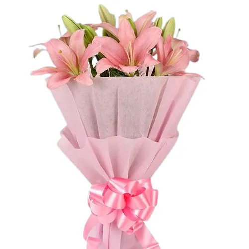 Designer Bouquet of Pink Lilies wrapped in a Tissue