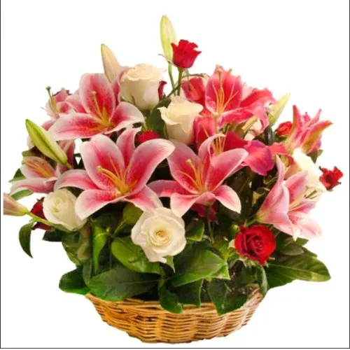 Majestic Table Top Arrangement of Pink Lilies with Pink Roses