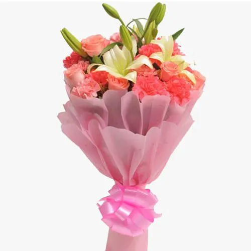 Buy Bouquet of Pink Carnations, Roses N Lily Stems Online