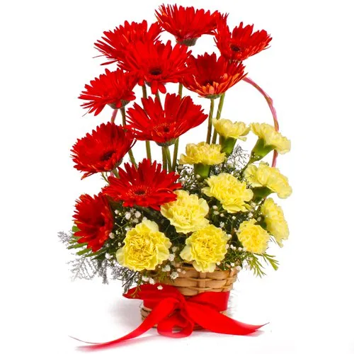 Deliver Basket of Red Gerberas with Yellow Carnation Online