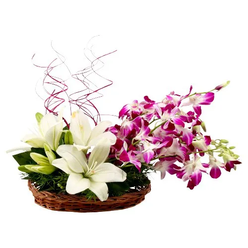 Eye-Catching of White Lilies & Orchids Basket Arrangement