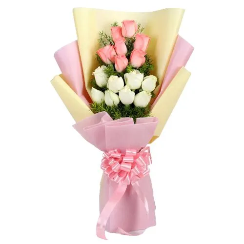 Chic Bouquet of White N Soft Pink Roses decked with Elegant Fillers