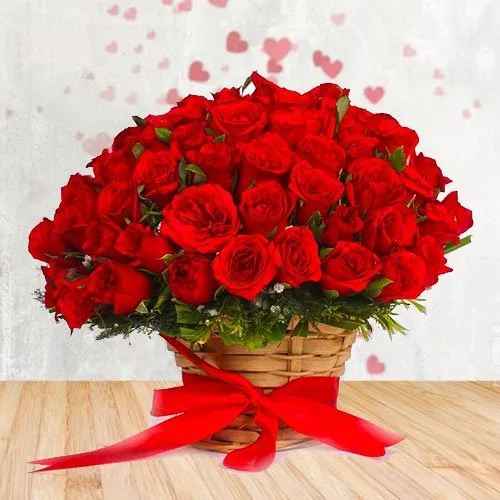 Online Order Basket of Red Roses with White Filler Flowers