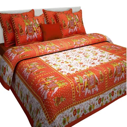 Traditional Rajasthani Print Double Bed Sheet with Pillow Cover Set
