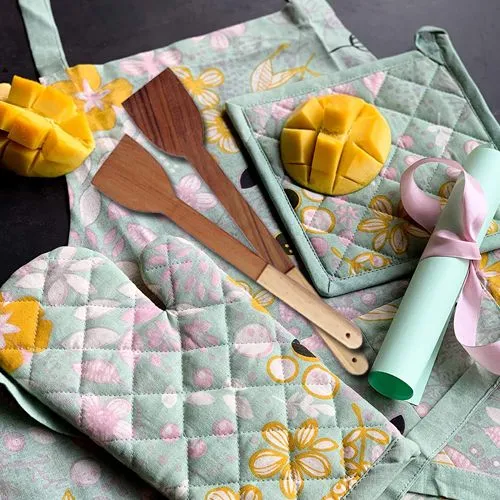 Fancy Printed Apron N Oven Mitten Holder with Wooden Cooking Spoon