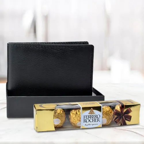 Astonishing Black Leather Wallet with Ferrero Rocher Chocolate