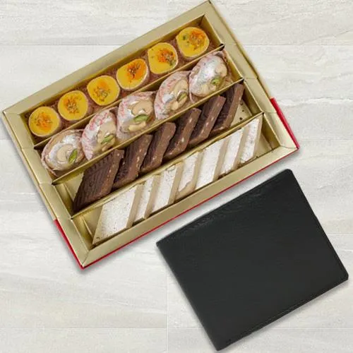 Bhikarams Assorted Sweets with Gents Leather Wallet from Rich Born