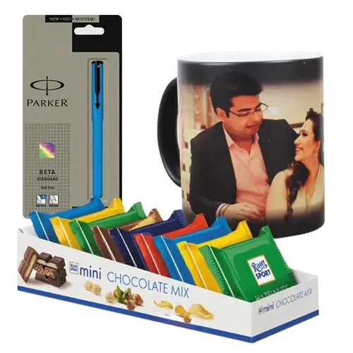 Remarkable Personalized Photo Magic Mug N Parker Pen with Mini Chocolates