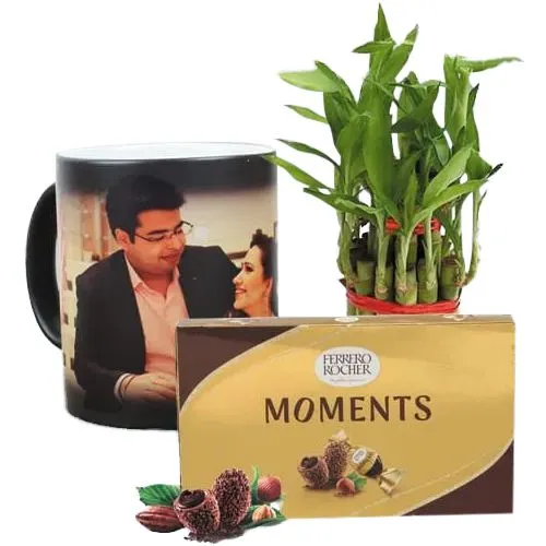Amusing Personalized Photo Magic Mug with Ferrero Rocher N Bamboo Plant