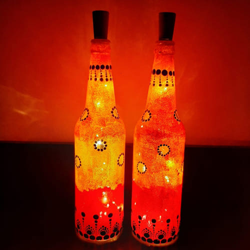 Designer Pair of Handmade Dot Mandala Art LED Bottle Lamp