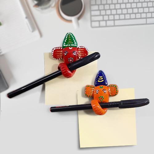 Lucky Pair of Handmade Multi Purpose Ganesha Pen Holder Cum Fridge Magnet with 2 Ball Pens n Sticky Note	