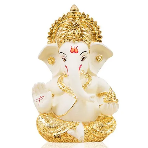 Exquisite Gold and Off White Ceramic Ganesha Idol