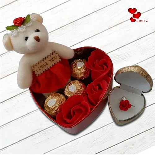 Amazing Gift of Teddy, Roses, Ferrero Rocher Chocolates n a Fancy Ring in a Heart Shape Box