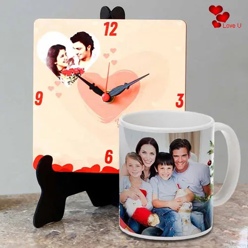 Graceful Personalized Photo Table Clock with a Personalized Coffee Mug