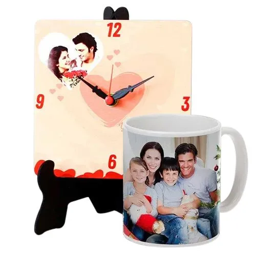 Graceful Personalized Photo Table Clock with a Personalized Coffee Mug