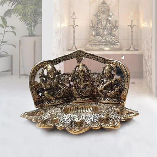 Order Metallic Diya with Ganesh, Lakshmi  N  Saraswati Idol