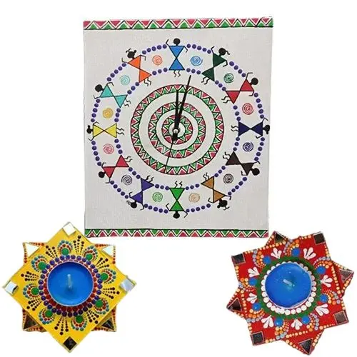 Impressive Handmade Warli Art Wall Clock with Twin Dot Mandala Art Diya