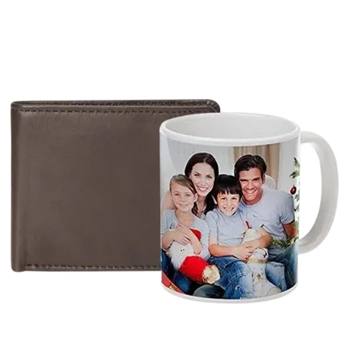 Special Personalized Photo Coffee Mug with Rich Borns Brown Leather Wallet for Men