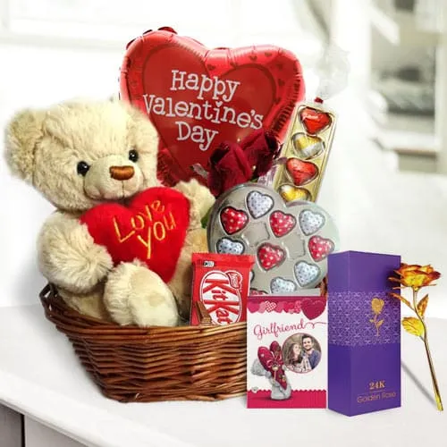 Deliver Basket of Teddy with Chocolates for Valentines Day