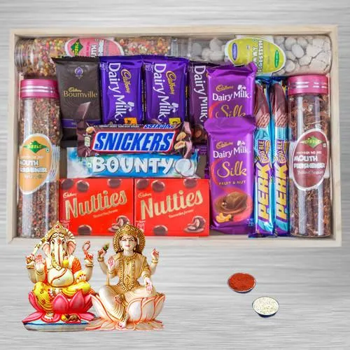 Lovely Chocolates N Mouth Freshness Hamper with Laxmi Ganesha Idol N Roli Tika