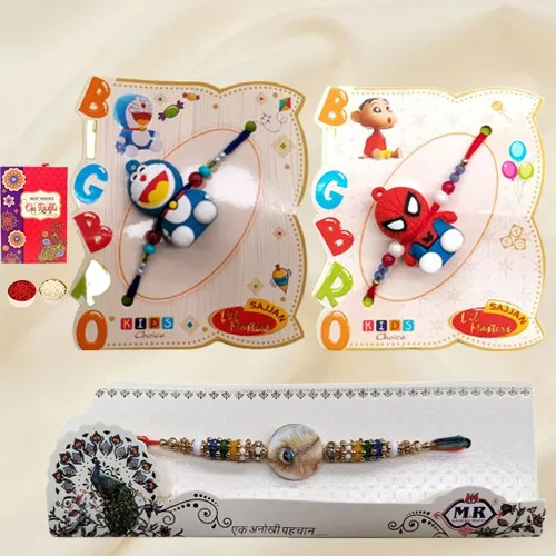 Peacock Feather N Kids Rakhi Medley
