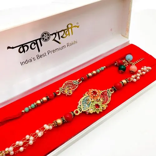 Couple Pearl n Meenakari Floral Rakhis in Beautiful Box