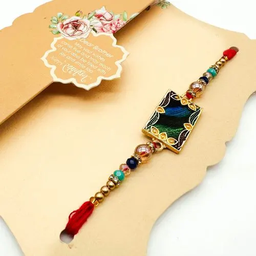 Chic Peacock Feather Stone Rakhi on Card