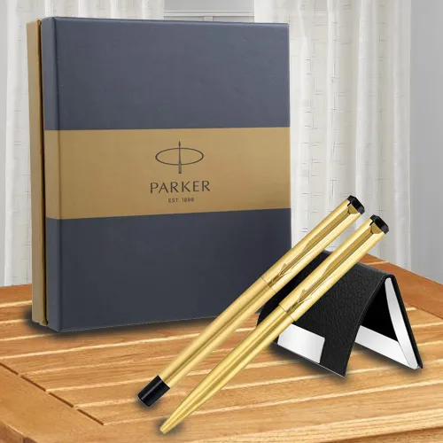 Arresting Luxury Gift Set of Parker Vector Gold Trim Roller n Ball Pen with Visiting Card Holder
