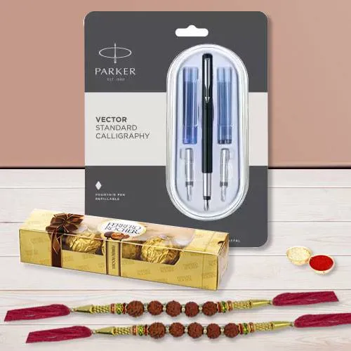 Exclusive Parker Pen with Rudraksha Rakhi N Ferrero Rocher