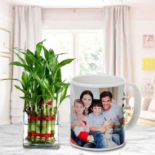 Blooming Gift of 2 Tier Lucky Bamboo Plant in Personalized Coffee Mug