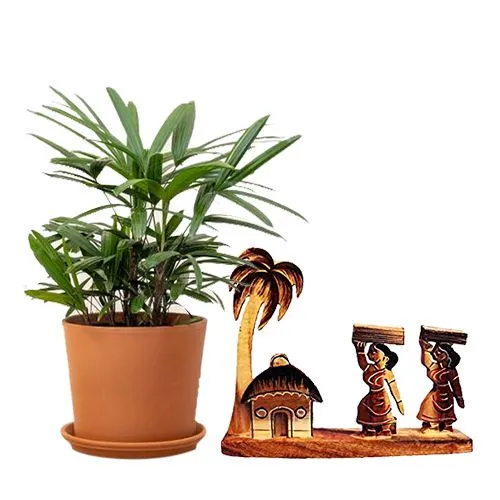 Aesthetic Pair of Broadleaf lady palm Plant with Wooden handcrafted Farmer Girls Showpiece