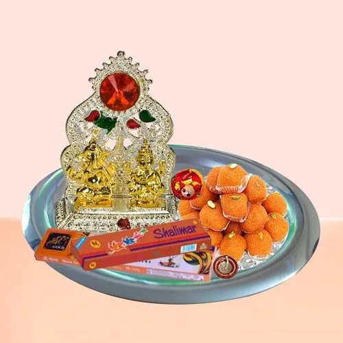 Send Ganesh Lakshmi Idols with Silver Plated Thali and Pure Ghee Ladoo