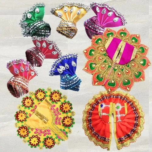 Remarkable 3 Pcs Poshak Set with 6 Pcs Pagdi for Laddu Gopal<br><br>