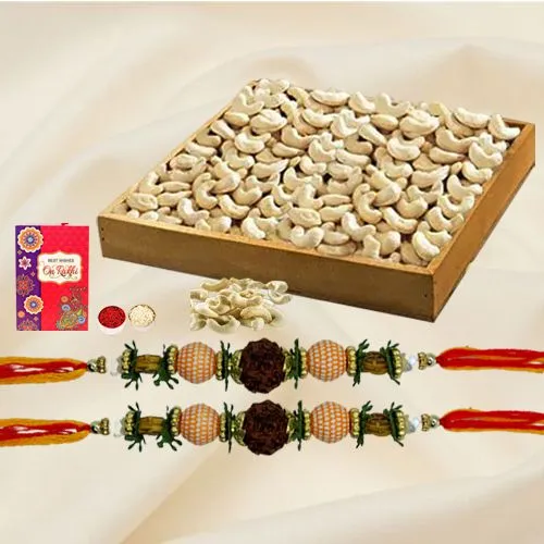 Ethnic Pair of Rudraksh Rakhis with Cashews, Roli Tika n Card