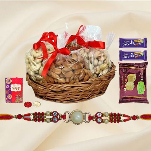 Dazzling Pearl Rakhi with Assorted Dry Fruits, Chocolates n Sweets