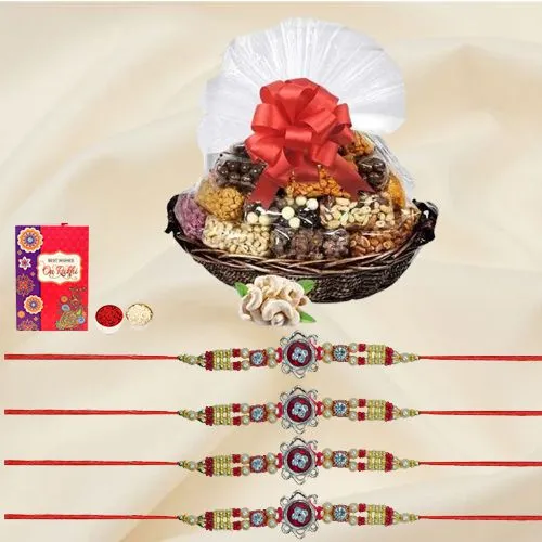 Remarkable Rakhi Set of 4 with Dry Fruits Basket