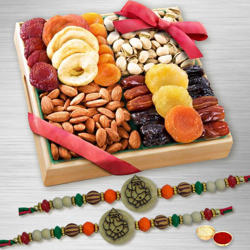 Ethnic Ganesh Rakhi Set of 2 with Assorted Dry Fruits in Wooden Tray