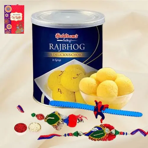 Lovely Family Rakhi Set N Haldirams Raj Bhog, Free Roli Tika N Card