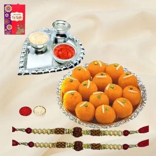 Exquisite Rudraksha Rakhi N Haldiram Motichur Laddoo, Roli Tika N Card