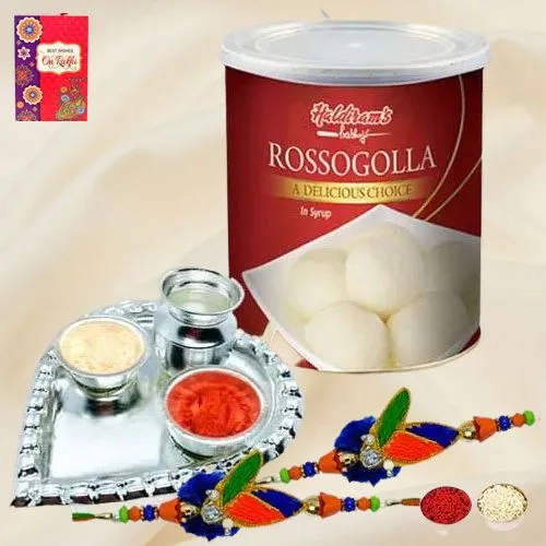 Ethnic Rakhi Pair N Haldiram Rasgulla with Silver Plated Thali