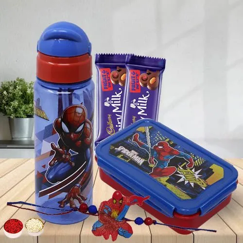 Fabulous Spiderman Rakhi with Chocolate, Tiffin Box N Bottle Set